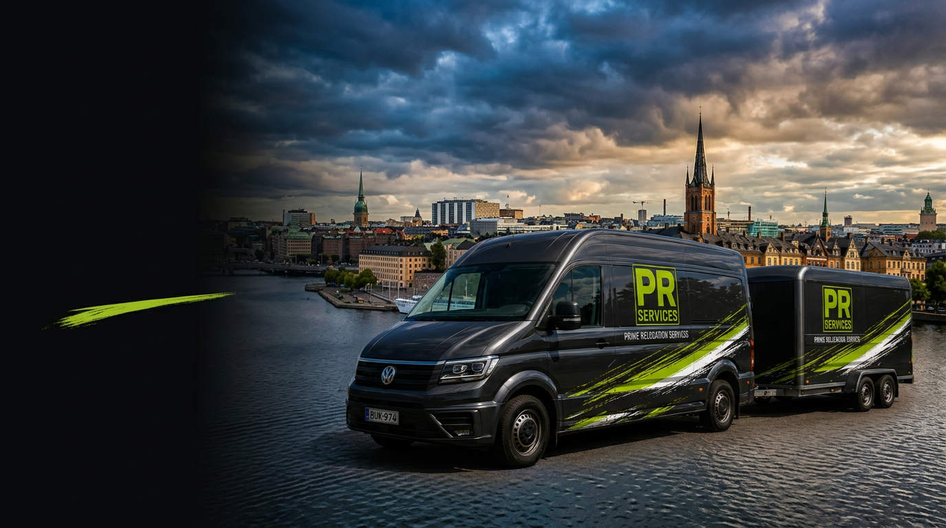 Black Prime Relocation van with neon green brand accents at a Finnish waterfront