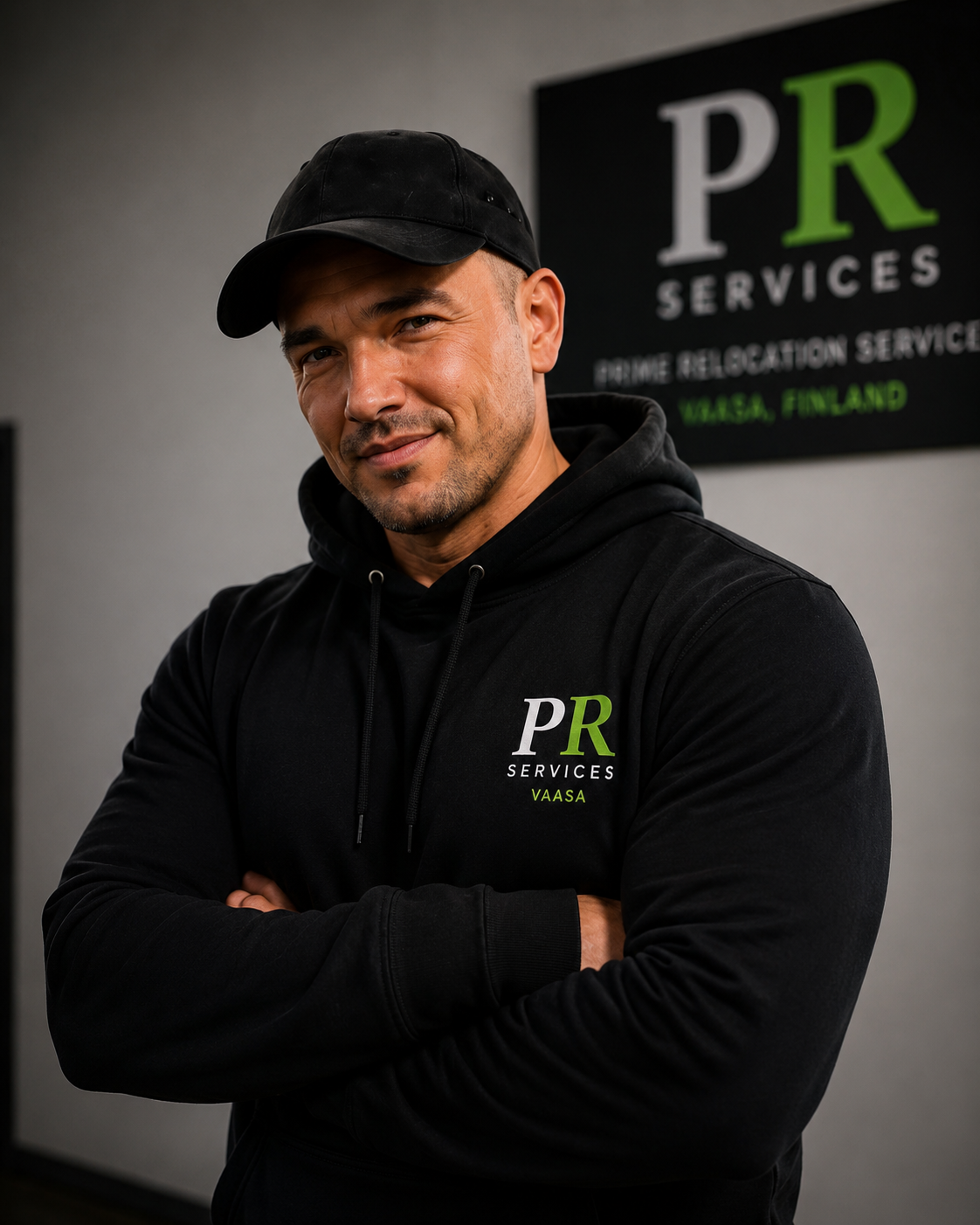 Dane Slough, founder of Prime Relocation Services, outside the PR Services depot in Vaasa