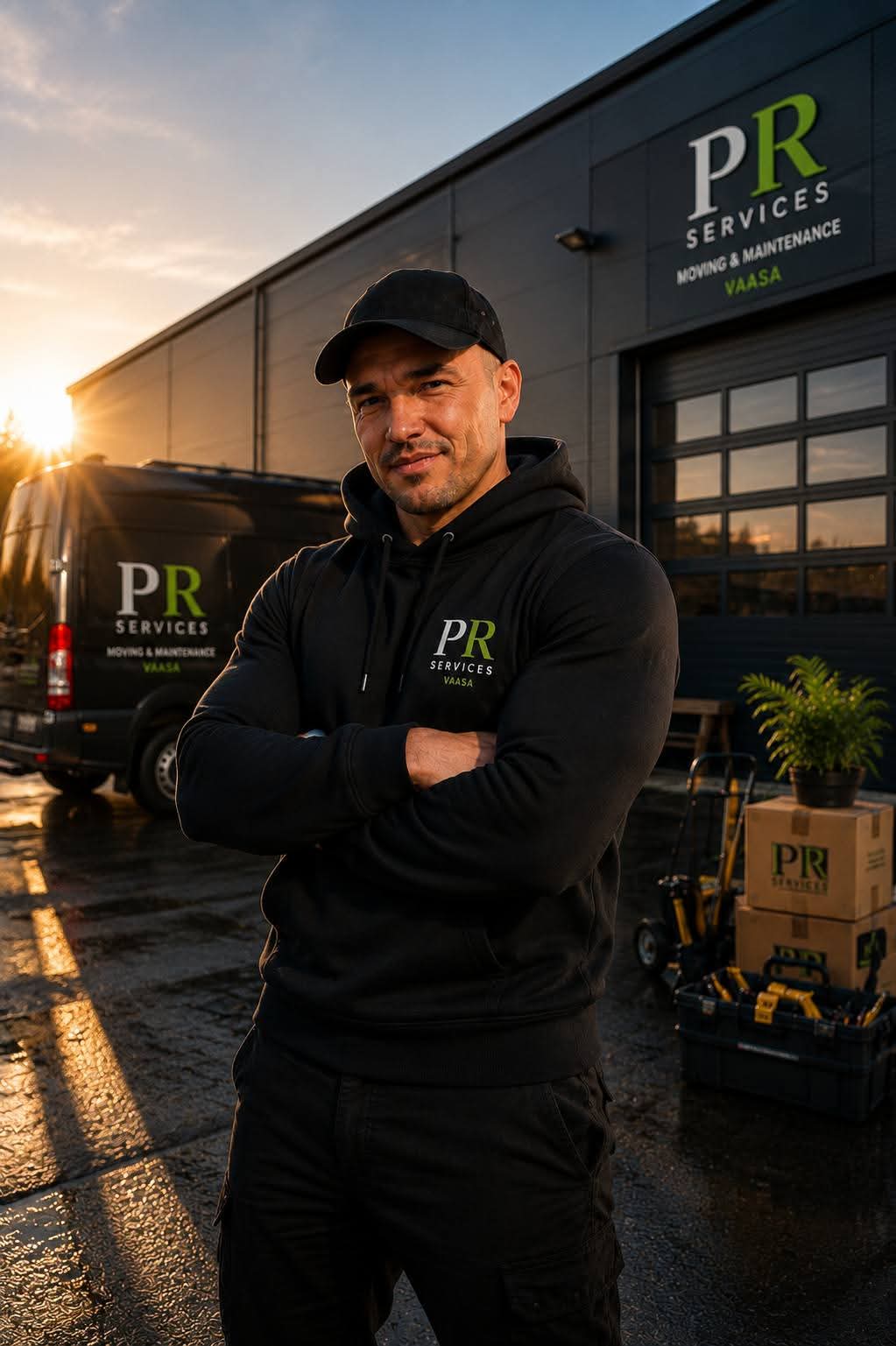Dane Slough, founder of Prime Relocation Services, outside the PR Services depot in Vaasa